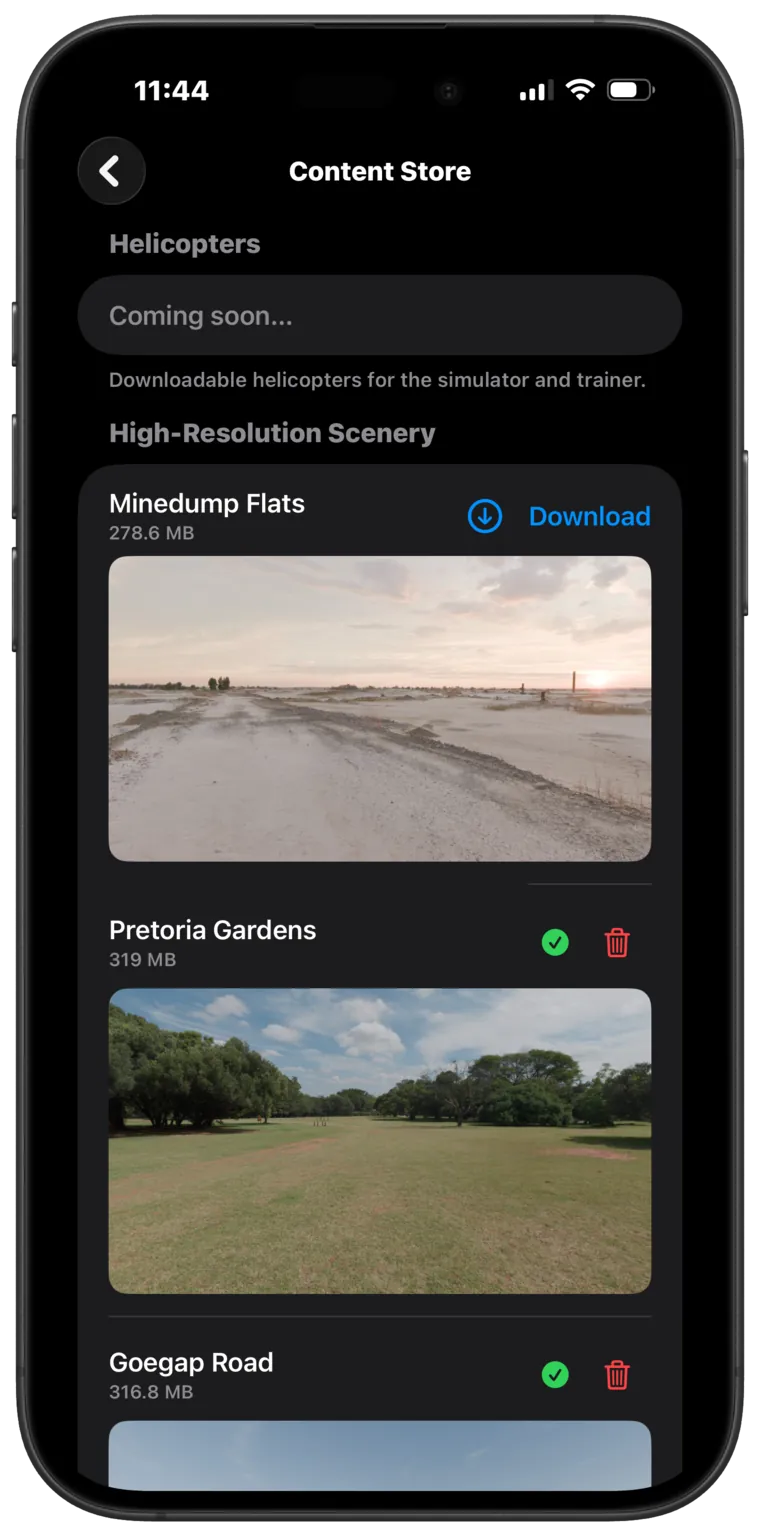 The Content Store showing downloadable high-resolution scenery