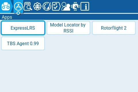 The Apps list on the radio with ExpressLRS highlighted, alongside Model Locator by RSSI, Rotorflight 2 and TBS Agent