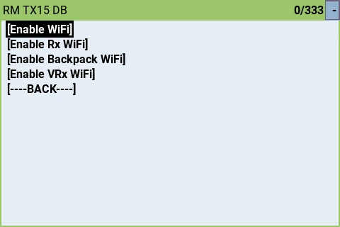 The WiFi Connectivity screen listing Enable WiFi, Enable Rx WiFi, Enable Backpack WiFi and Enable VRx WiFi, with Enable WiFi highlighted