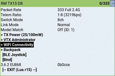 The ExpressLRS app showing packet rate, telemetry ratio and switch mode, with WiFi Connectivity highlighted