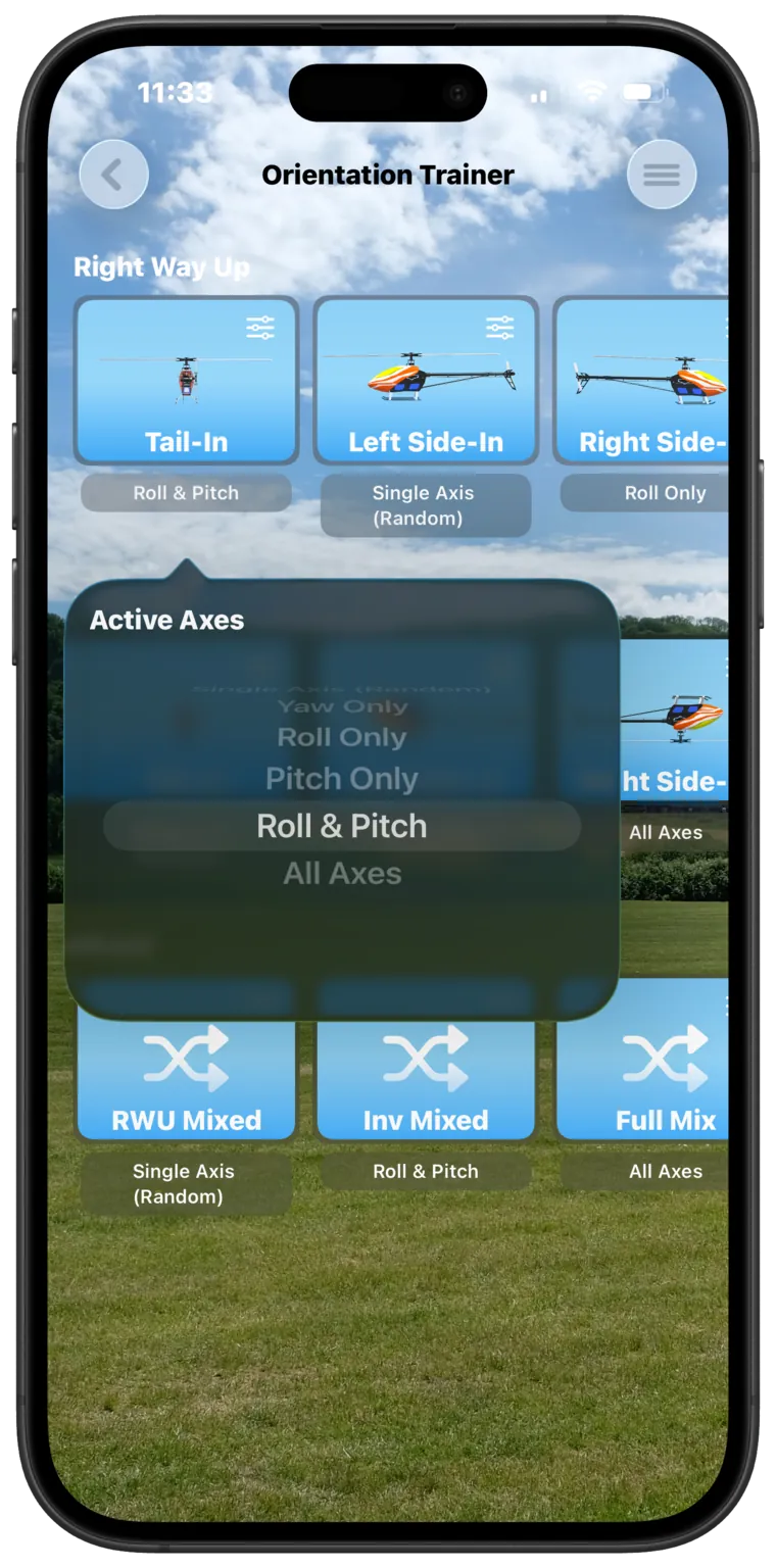 Choosing which control axes to practise in the Trainer
