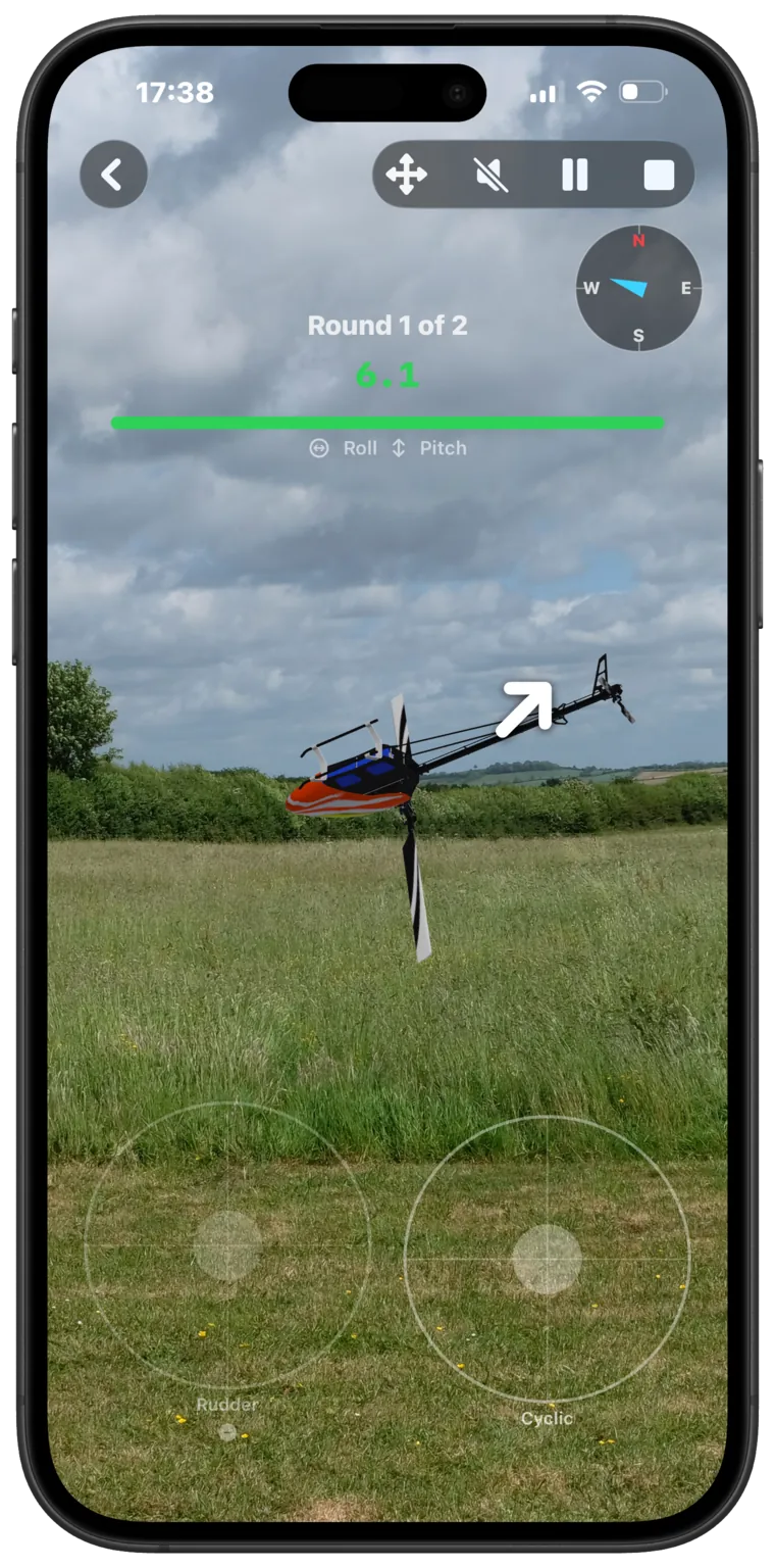 A training round in progress with helper arrow and on-screen sticks