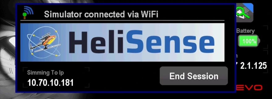 HeliSense running on a VBar Control transmitter screen over a Wi-Fi link